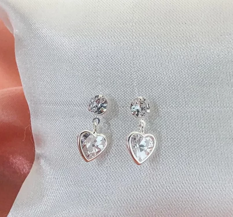 Brincos Prata 925 Ponto e Coração Zircônias